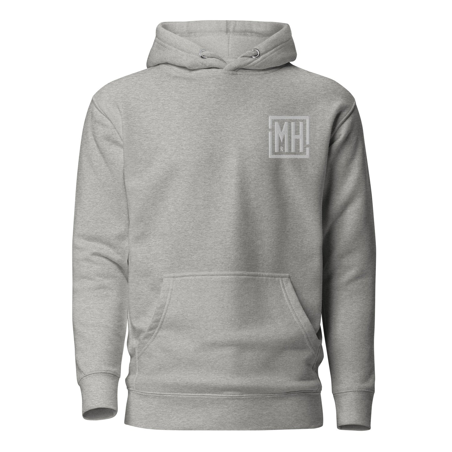 Grey unisex hoodie with front pouch pocket and minimalist MH logo on chest, Foden Telehandler design.