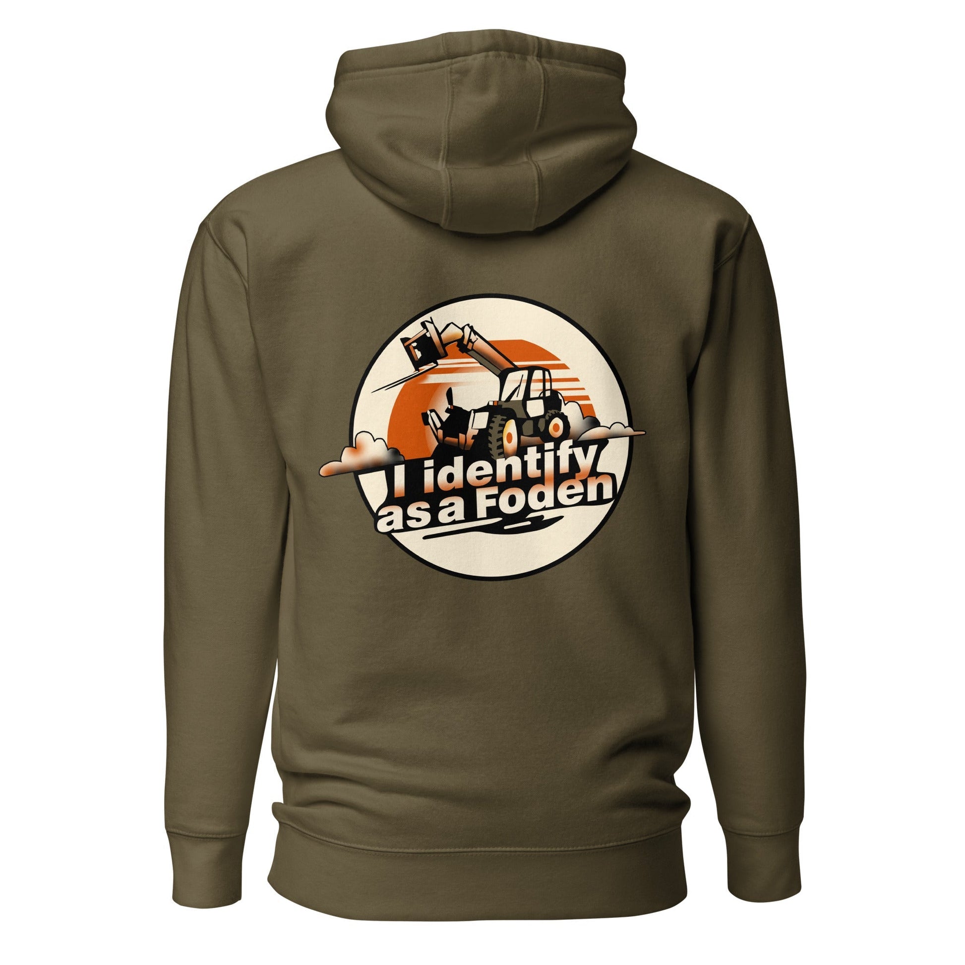 Unisex brown Foden Telehandler Hoodie with front pouch pocket and graphic print of a telehandler on the back
