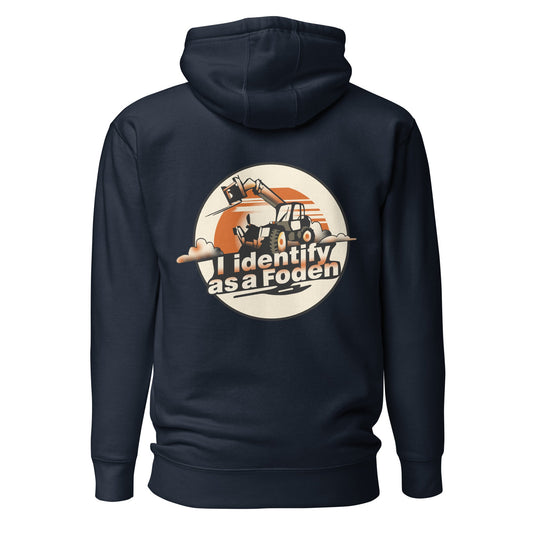 Black unisex hoodie featuring a graphic of a Telehandler and the text "I identify as a Foden" on the back, made from cotton blend fabric.