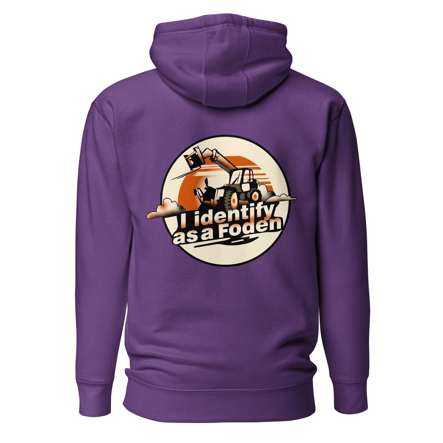 Purple unisex hoodie with "I identify as a Foden" and telehandler graphic on the back, made from cotton blend fabric.
